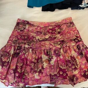 LoveShackFancy Pink and Gold Floral Tiered Mini Skirt